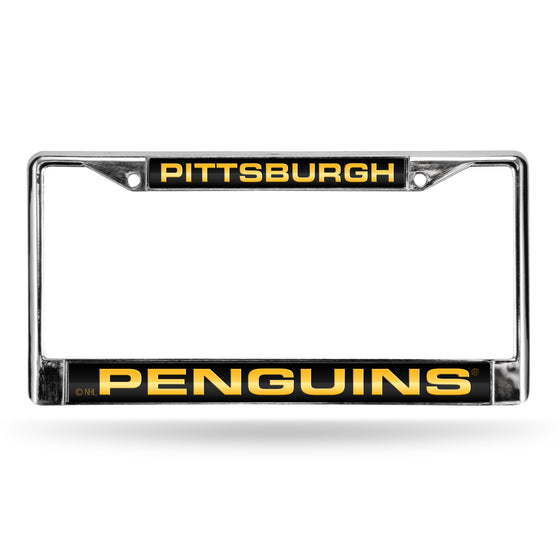 NHL Hockey Pittsburgh Penguins Black 12" x 6" Laser Cut Chrome Frame - Car/Truck/SUV Automobile Accessory