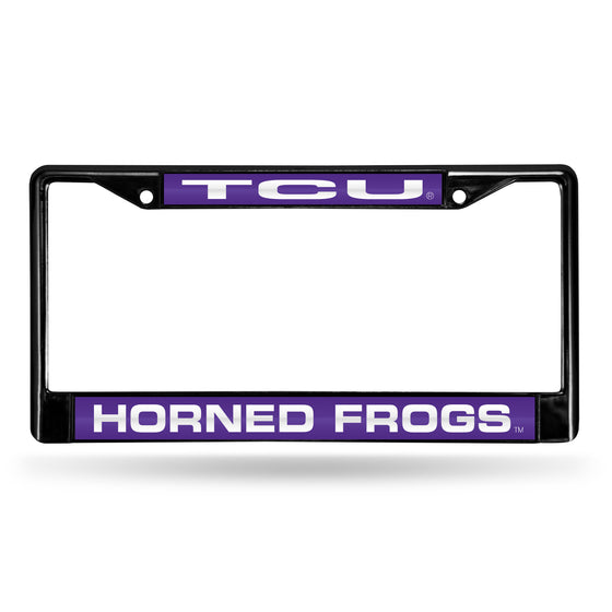 NCAA  TCU Horned Frogs Black 12" x 6" Black Laser Cut Chrome Frame - Car/Truck/SUV Automobile Accessory