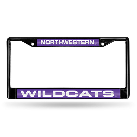 NCAA  Northwestern Wildcats Black 12" x 6" Black Laser Cut Chrome Frame - Car/Truck/SUV Automobile Accessory