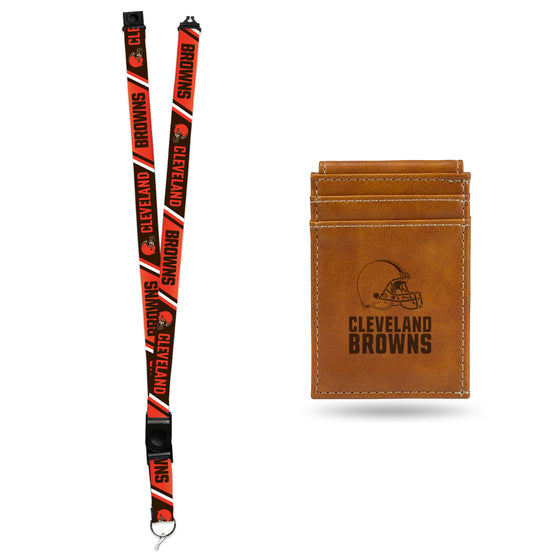NFL Football Cleveland Browns Brown Front Pocket Wallet Set - Great Men's Gift