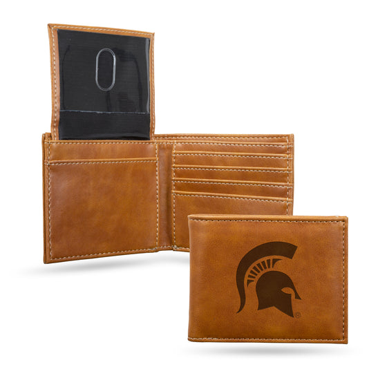 NCAA  Michigan State Spartans Brown Laser Engraved Bill-fold Wallet - Slim Design - Great Gift