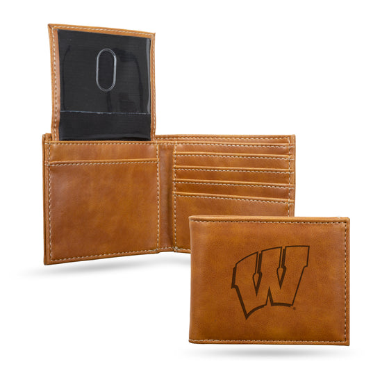 NCAA  Wisconsin Badgers Brown Laser Engraved Bill-fold Wallet - Slim Design - Great Gift