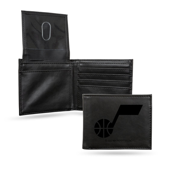 NBA Basketball Utah Jazz Black Laser Engraved Bill-fold Wallet - Slim Design - Great Gift