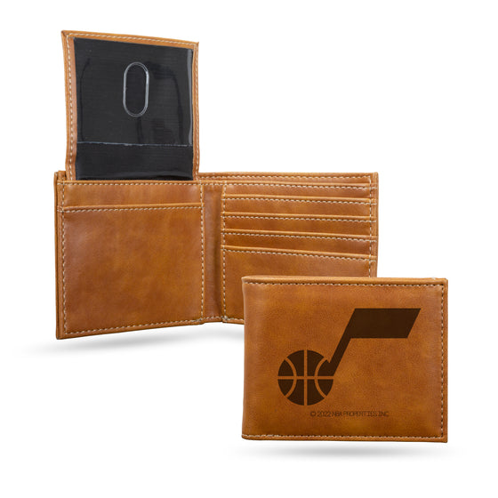 NBA Basketball Utah Jazz Brown Laser Engraved Bill-fold Wallet - Slim Design - Great Gift
