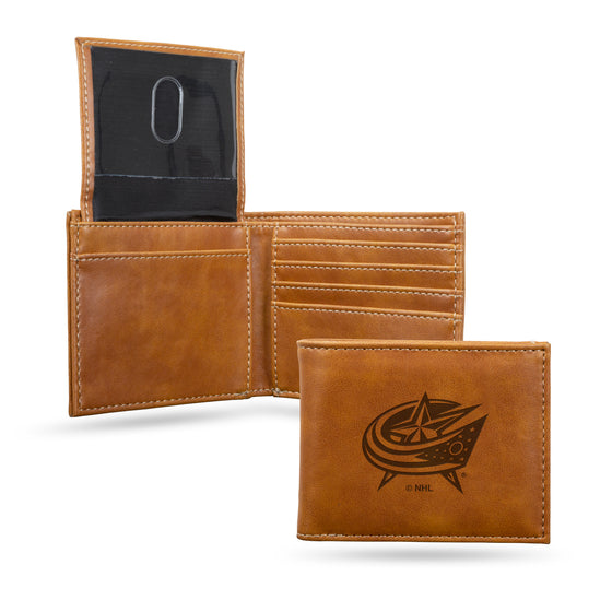 NHL Hockey Columbus Blue Jackets Brown Laser Engraved Bill-fold Wallet - Slim Design - Great Gift