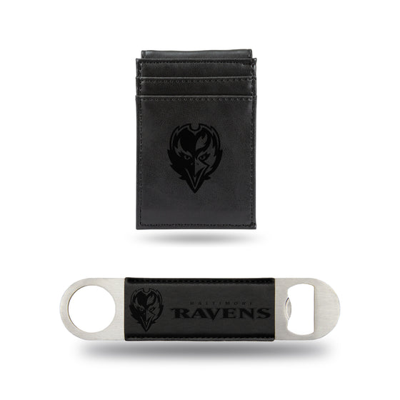 NFL Football Baltimore Ravens Black Laser Engraved Front Pocket Wallet & Bar Blade - Slim/Light Weight - Great Gift Items