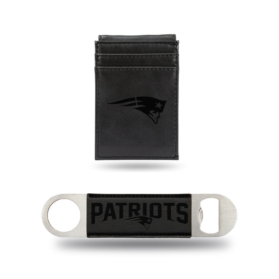 NFL Football New England Patriots Black Laser Engraved Front Pocket Wallet & Bar Blade - Slim/Light Weight - Great Gift Items