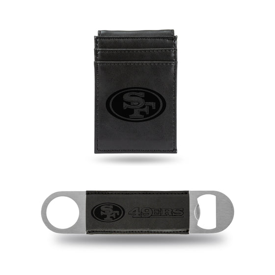 NFL Football San Francisco 49ers Black Laser Engraved Front Pocket Wallet & Bar Blade - Slim/Light Weight - Great Gift Items