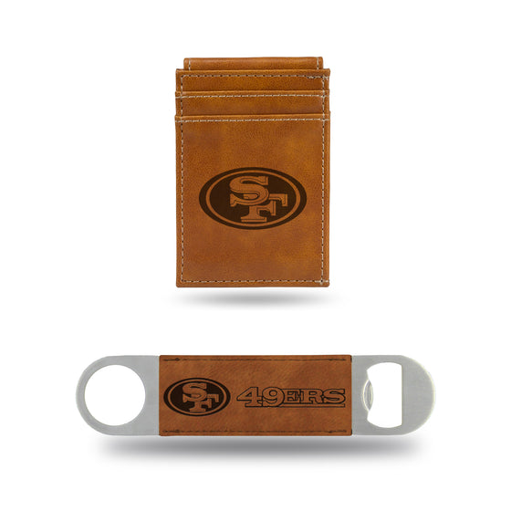 NFL Football San Francisco 49ers Black Laser Engraved Front Pocket Wallet & Bar Blade - Slim/Light Weight - Great Gift Items