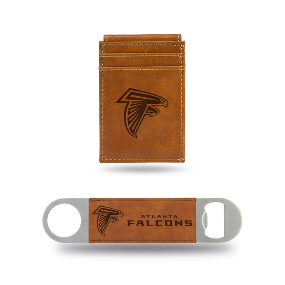 NFL Football Atlanta Falcons Brown Laser Engraved Front Pocket Wallet & Bar Blade - Slim/Light Weight - Great Gift Items