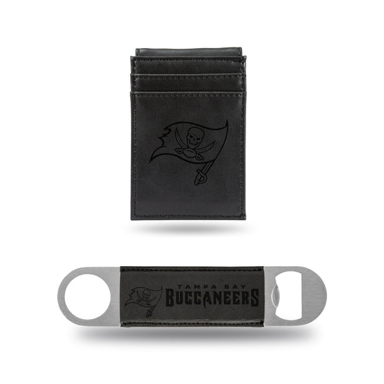 NFL Football Tampa Bay Buccaneers Black Laser Engraved Front Pocket Wallet & Bar Blade - Slim/Light Weight - Great Gift Items