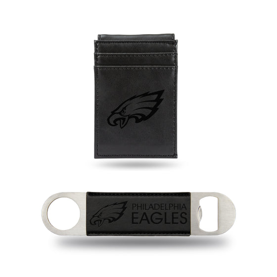 NFL Football Philadelphia Eagles Black Laser Engraved Front Pocket Wallet & Bar Blade - Slim/Light Weight - Great Gift Items