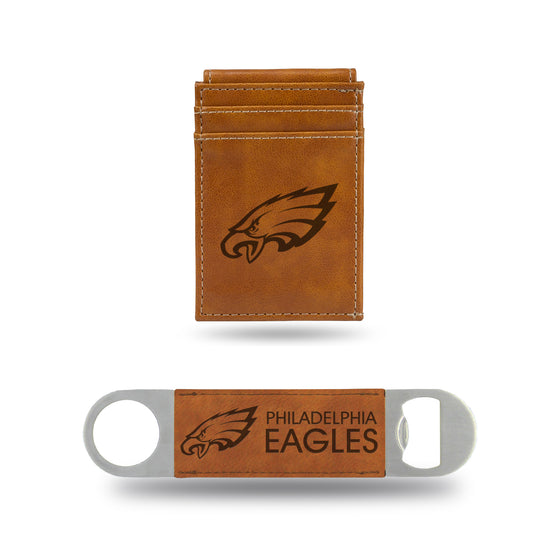 NFL Football Philadelphia Eagles Brown Laser Engraved Front Pocket Wallet & Bar Blade - Slim/Light Weight - Great Gift Items