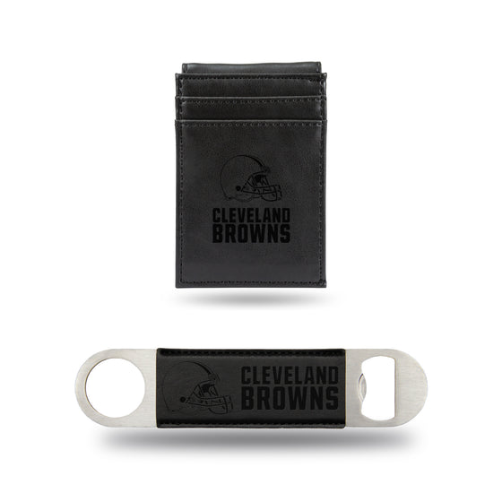 NFL Football Cleveland Browns Black Laser Engraved Front Pocket Wallet & Bar Blade - Slim/Light Weight - Great Gift Items