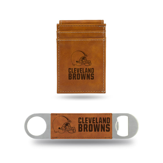 NFL Football Cleveland Browns Brown Laser Engraved Front Pocket Wallet & Bar Blade - Slim/Light Weight - Great Gift Items