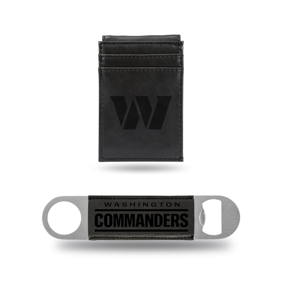 NFL Football Washington Commanders Black Laser Engraved Front Pocket Wallet & Bar Blade - Slim/Light Weight - Great Gift Items