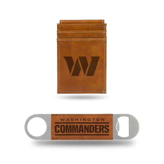 NFL Football Washington Commanders Brown Laser Engraved Front Pocket Wallet & Bar Blade - Slim/Light Weight - Great Gift Items