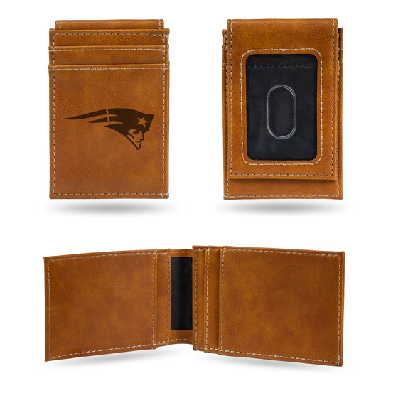 NFL Football New England Patriots Brown Laser Engraved Front Pocket Wallet - Compact/Comfortable/Slim