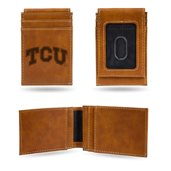 NCAA  TCU Horned Frogs Brown Laser Engraved Front Pocket Wallet - Compact/Comfortable/Slim
