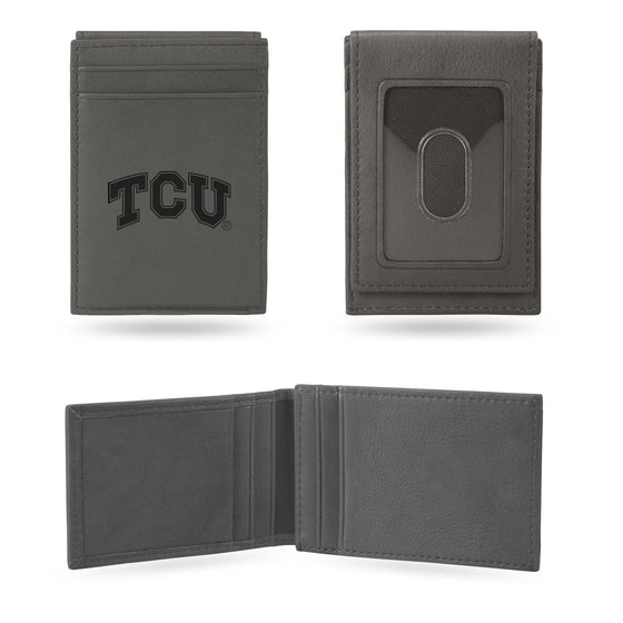 NCAA  TCU Horned Frogs Gray Laser Engraved Front Pocket Wallet - Compact/Comfortable/Slim