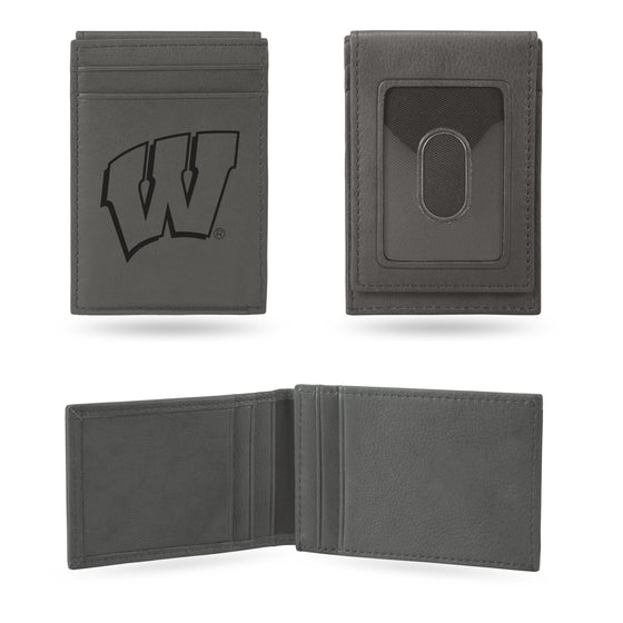 NCAA  Wisconsin Badgers Gray Laser Engraved Front Pocket Wallet - Compact/Comfortable/Slim