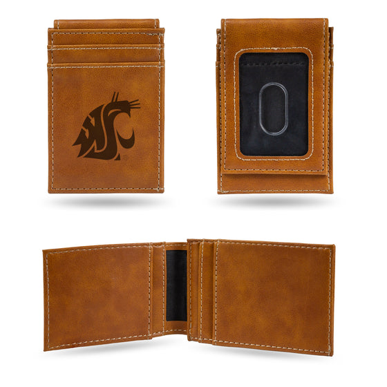 NCAA  Washington State Cougars Brown Laser Engraved Front Pocket Wallet - Compact/Comfortable/Slim