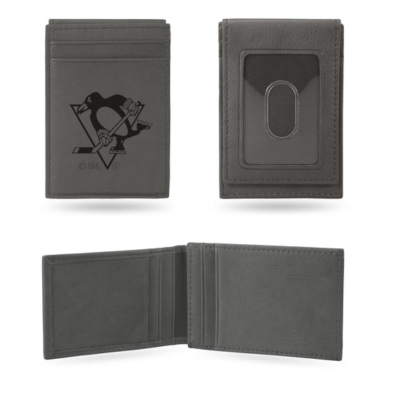 NHL Hockey Pittsburgh Penguins Gray Laser Engraved Front Pocket Wallet - Compact/Comfortable/Slim