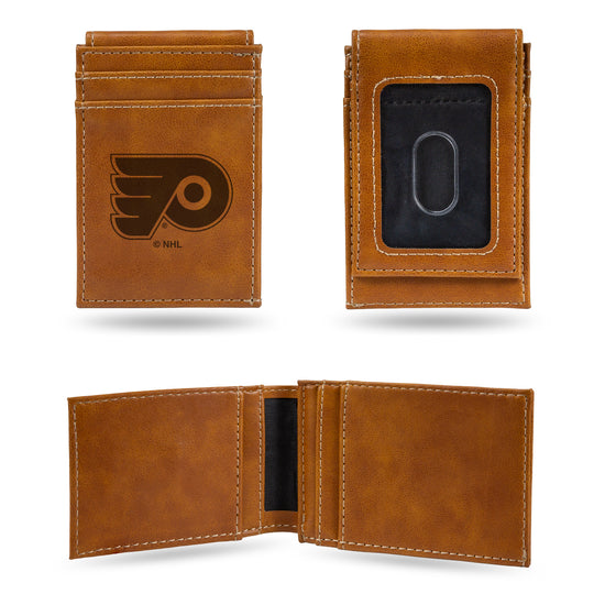 NHL Hockey Philadelphia Flyers Brown Laser Engraved Front Pocket Wallet - Compact/Comfortable/Slim