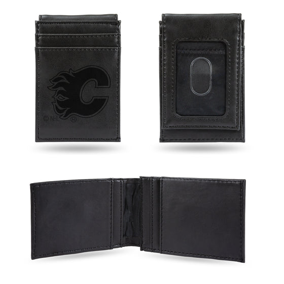NHL Hockey Calgary Flames Black Laser Engraved Front Pocket Wallet - Compact/Comfortable/Slim
