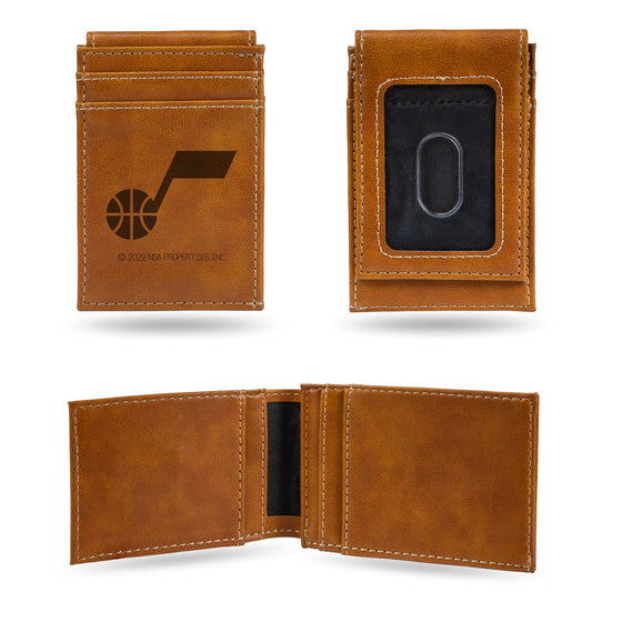 NBA Basketball Utah Jazz Brown Laser Engraved Front Pocket Wallet - Compact/Comfortable/Slim