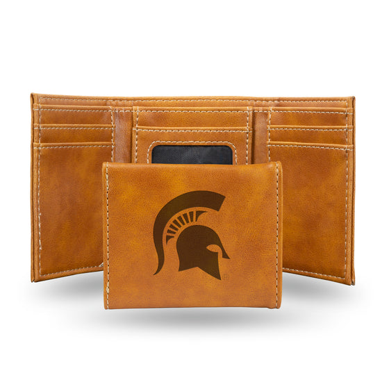 NCAA  Michigan State Spartans Brown Laser Engraved Tri-Fold Wallet - Men's Accessory