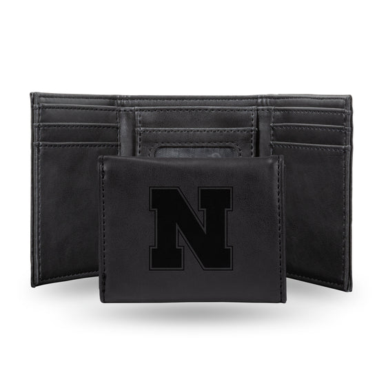 NCAA  Nebraska Cornhuskers Black Laser Engraved Tri-Fold Wallet - Men's Accessory