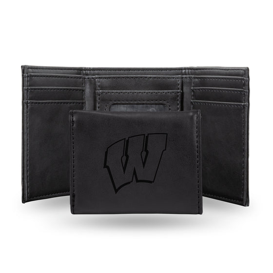 NCAA  Wisconsin Badgers Black Laser Engraved Tri-Fold Wallet - Men's Accessory