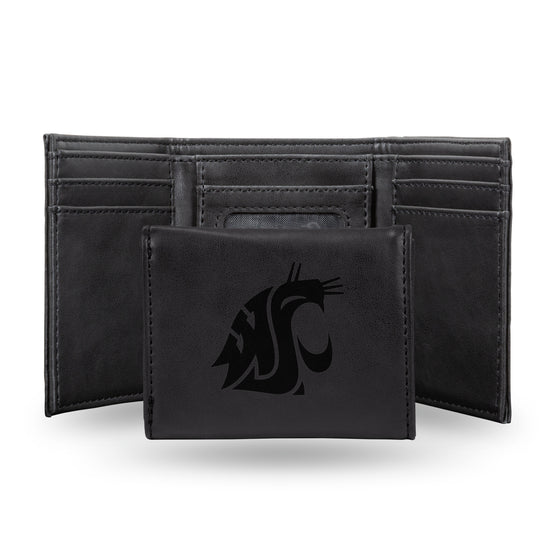 NCAA  Washington State Cougars Black Laser Engraved Tri-Fold Wallet - Men's Accessory