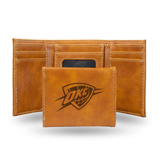 NBA Basketball Oklahoma City Thunder Brown Laser Engraved Tri-Fold Wallet - Men's Accessory
