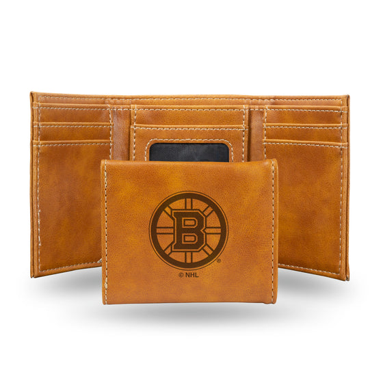 NHL Hockey Boston Bruins Brown Laser Engraved Tri-Fold Wallet - Men's Accessory