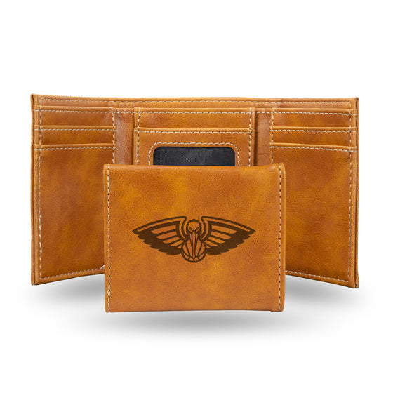 NBA Basketball New Orleans Pelicans Brown Laser Engraved Tri-Fold Wallet - Men's Accessory
