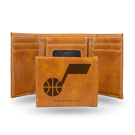 NBA Basketball Utah Jazz Brown Laser Engraved Tri-Fold Wallet - Men's Accessory