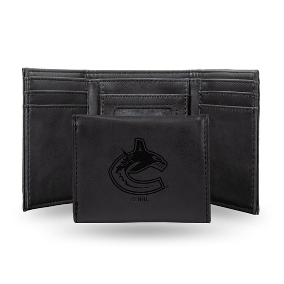 NHL Hockey Vancouver Canucks Black Laser Engraved Tri-Fold Wallet - Men's Accessory