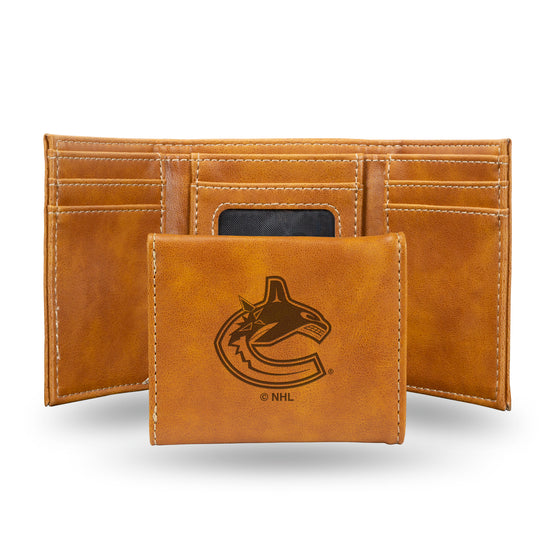 NHL Hockey Vancouver Canucks Brown Laser Engraved Tri-Fold Wallet - Men's Accessory