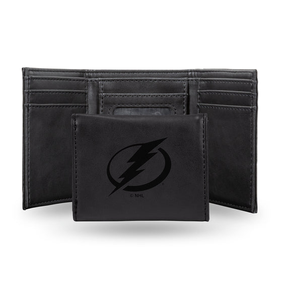 NHL Hockey Tampa Bay Lightning Black Laser Engraved Tri-Fold Wallet - Men's Accessory