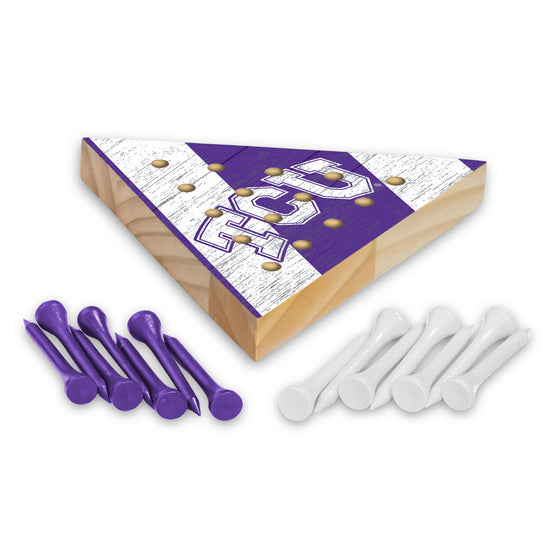 NCAA  TCU Horned Frogs  4.5" x 4" Wooden Travel Sized Pyramid Game - Toy Peg Games - Triangle - Family Fun