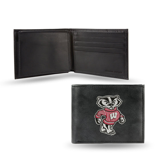 NCAA  Wisconsin Badgers  Embroidered Genuine Leather Billfold Wallet 3.25" x 4.25" - Slim
