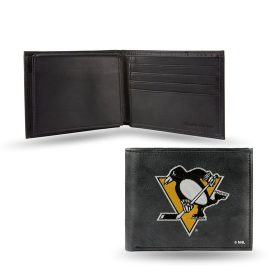NHL Hockey Pittsburgh Penguins  Embroidered Genuine Leather Billfold Wallet 3.25" x 4.25" - Slim