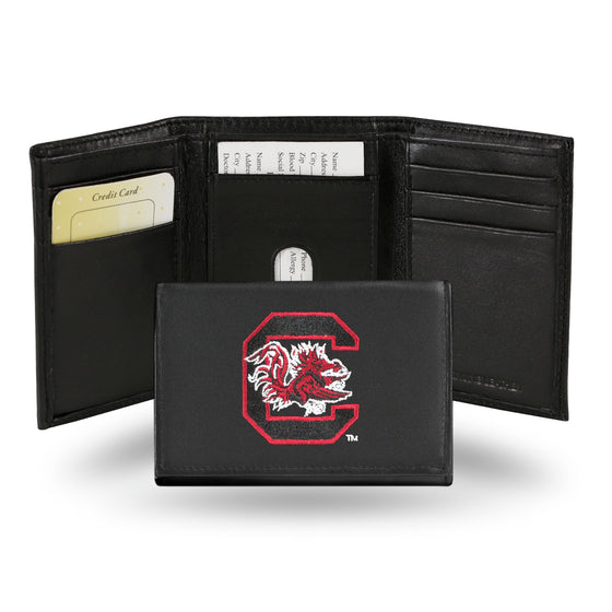 NCAA  South Carolina Gamecocks  Embroidered Genuine Leather Tri-fold Wallet 3.25" x 4.25" - Slim