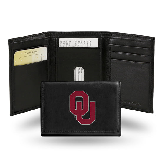 NCAA  Oklahoma Sooners  Embroidered Genuine Leather Tri-fold Wallet 3.25" x 4.25" - Slim