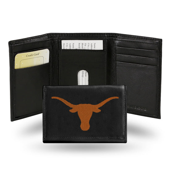 NCAA  Texas Longhorns  Embroidered Genuine Leather Tri-fold Wallet 3.25" x 4.25" - Slim