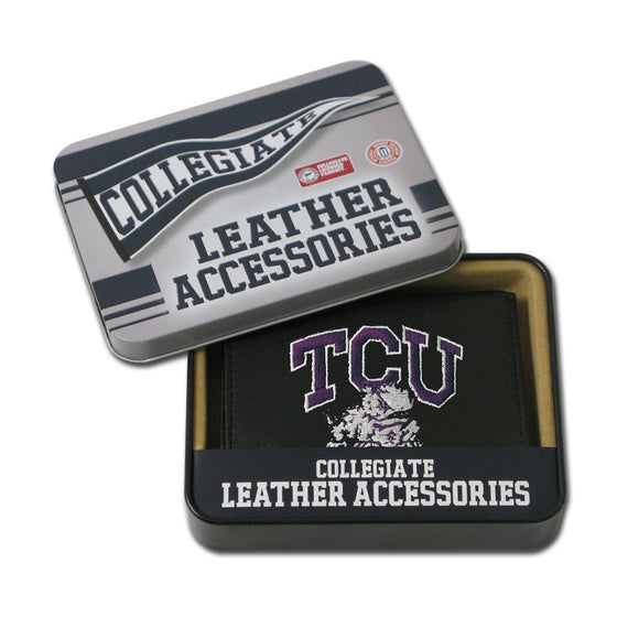 NCAA  TCU Horned Frogs  Embroidered Genuine Leather Tri-fold Wallet 3.25" x 4.25" - Slim