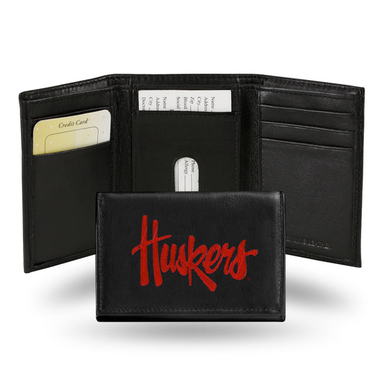 NCAA  Nebraska Cornhuskers  Embroidered Genuine Leather Tri-fold Wallet 3.25" x 4.25" - Slim