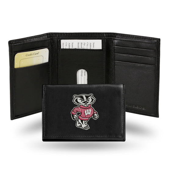 NCAA  Wisconsin Badgers Standard Embroidered Genuine Leather Tri-fold Wallet 3.25" x 4.25" - Slim